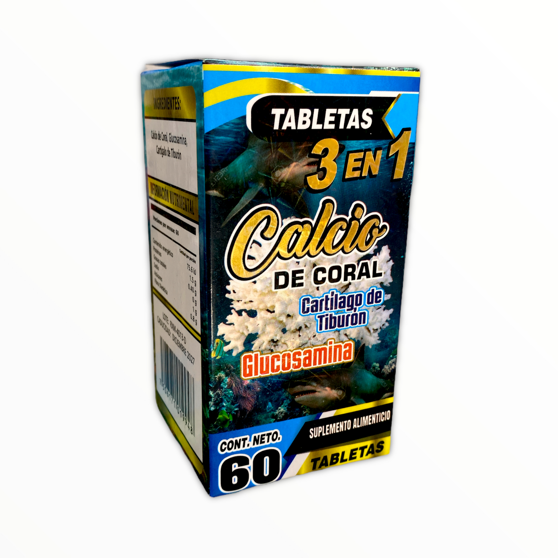 calcio de coral 3 en 1 tiburón glucosamina 60 tabletas the king