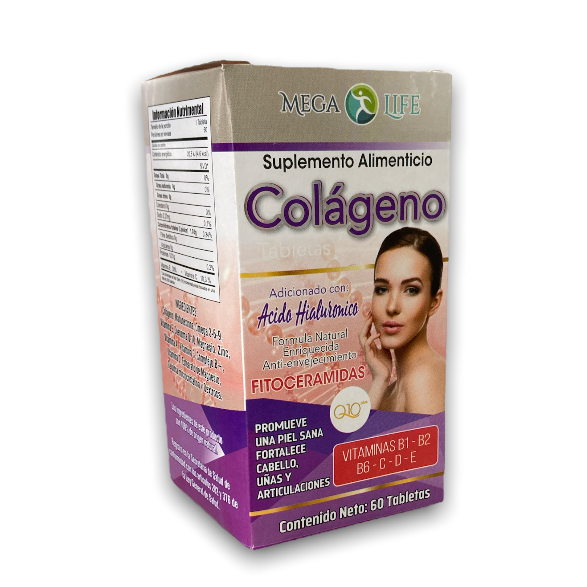 colágeno suplemento alimenticio con ácido hialurónico 60 tabletas mega life